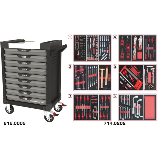Servante ULTIMATE grise et noire 9 tiroirs équipée de 202 outils