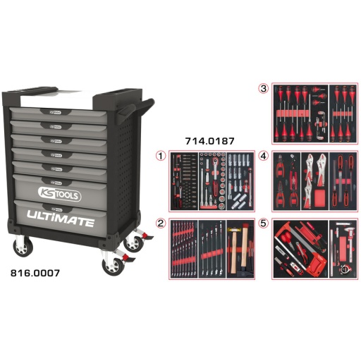 Servante ULTIMATE grise et noire 7 tiroirs équipée de 187 outils