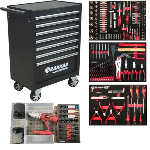 Servante d'atelier drakkar et ks tools, composition 4 tiroirs avec cle choc sur batterie 