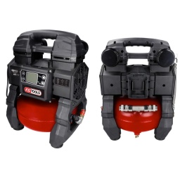 Compresseur portatif silencieux 5 L sur batterie
Moteur brushless (sans charbon) puissant et économe en énergie
2 modes de vitesse du moteur
Pompe à 2 cylindres, sans huile
Equipé d'un silencieux pour un niveau de bruit maîtrisé
Format ultra-compact permettant un transport facile
Idéal pour les travaux sans prises de courant
Écran de réglage LCD
Réglage de la pression par plage de 0,5 bar
Mode silencieux permettant de réduire le bruit généré
Affichage pratique du nombre d'heures d'utilisation
Numéro de série individuel
Livré nu, sans batterie ni chargeur (disponible en lot, référence 165.0816F-A1)
Double raccord 1/4''

Alimentation :	batterie lithium-ion 18V
Capacité cuve :	5 L
Classe de protection :	II
Code EAN :	3663389007977
Couleur :	Noir-rouge
Débit d'air l/min :	65 L/min
Filetage de raccord :	2 x 1/4''
Puissance en Watt :	550 Watt
Pression maximale :	9 bar
Température d'utilisation :	-10°C à +70°C
Tension électrique :	18V DC
Vitesse de rotation maxi :	1700 Tr/min
Indice de résistance aux chocs :	IK03
Moteur :	brushless
Poids :	9,50 kg
Bruit max. mode Fast :	70 dbA
Bruit max. mode Silent :	69 dbA
Pression acoustique :	70 dbA
Puissance acoustique :	84 dbA
Pression d'arrêt électrovanne :	9,2 bar
Pression soupape de sécurité manuelle :	13 bar
Pompe :	2 cylindres, sans huile