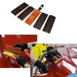 Ensemble de 5 blocs de ponçage manuel, conçus pour être utilisés avec des bandes de ponçage auto-agrippantes de 70 x 198 mm, avec trous d'extraction de la poussière. 
Comprend 4 tampons supports magnétiques interchangeables à profils plats, concaves et convexes permettant leur changement rapide en fonction de la forme/du contour du panneau à poncer. 
Design ergonomique, avec un corps en mousse, pour le confort et la facilité d'utilisation. Une sortie de poussière et un adaptateur permettent de raccorder le bloc à un tuyau d'aspiration pour un ponçage sans poussière.

Bloc de ponçage magnétique, incorporant un connecteur de flexible pour un travail sans poussière.
Conçu pour être utilisé avec des bandes de ponçage auto-agrippantes standard de 70 x 198 mm.
Comprend 4 tampons auto-agrippants interchangeables à profils plats, concaves et convexes.
Profil ergonomique pour faciliter l'utilisation.
Sortie de poussière : 20/28 mm de diamètre. Convient pour une utilisation avec un système d'extraction de poussière, tel que les références 92697 et 92701.