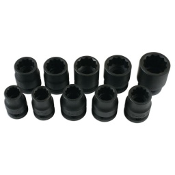 Jeu de douilles à impact carré de 1/2'' - 10 pièces Jeu de douilles de qualité à carré de 1/2". Tailles : 9 x 38 mm de long : 13 mm, 14 mm, 15 mm, 16 mm, 17 mm, 18 mm, 19 mm, 21 mm, 22 mm. Plus 1 x 45 mm de long : 24 mm. En chrome-molybdène à fini phosphate noir. Caractéristique spéciale : Profil à 12 pans.