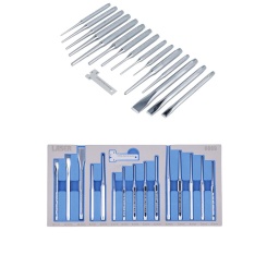 Jeu complet de poinçons et de burins, en chrome-molybdène avec finition chromée, comprenant : 3 burins, 2 poinçons de centrage, 5 chasse-goupilles et 5 poinçons coniques. 
Les outils sont fournis dans un plateau en mousse EVA, conçu pour s'adapter aux tiroirs de servantes à roulettes, ce qui permet de les garder propres, bien rangés et prêts à être utilisés.

Comprend : 3 burins : 16 x 165 mm. 12 x 150 mm. 10 x 138 mm ; 2 poinçons de centrage : 5 x 153 mm. 3 x 128 mm.
5 chasse-goupilles : 6 x 146 mm. 5 x 133 mm. 4 x 127 mm. 3 x 122 mm. 2 x 118 mm ; 5 poinçons coniques : 6 x 171 mm. 5 x 158 mm. 4 x 153 mm. 3 x 146 mm. 2 x 134 mm.
1 calibre pour burins.
En chrome-molybdène (SNCM+V) avec finition chromée.
Présenté dans un plateau en mousse EVA (37 x 225 x 370 mm) pratique pour le rangement par l'utilisateur et limitant les déchets d'emballage.