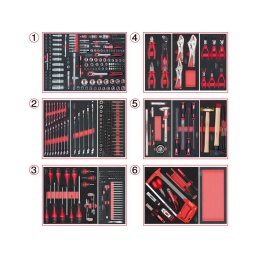 Composition d'outils 6 tiroirs pour servante
- empreinte des outils découpee au laser
- résistant aux huiles et produits chimiques
- mousse imputrescible
module de douilles et accessoires 1/4" - 3/8"- 1/2". 175 pièces (finition mat)
module de clés mixtes ultimate. 17 pièces - de 6 a 22 mm module de clés mixtes ultimate. 5 pièces - de 24 a 32 mm module d'embouts de vissage et douilles torx. 88 pièces
module de vissage. 28 pièces
module de vissage. 100 pièces
module de pinces. 4 pièces
module de Pinces étaux. 3 pièces
module de pinces à circlips. 6 pièces
module d'outils de mesure. 7 pièces
module limes demi- douces. 4 pièces
module d'outils de frappe manche bois. 9 pièces
module d'outils de coupe. 8 pièces
module vide 1/3