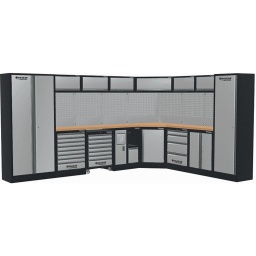 Mobilier d'atelier Drakkar -ROBUSTE :des meubles durables, conçus pour un usage industriel -RAPIDE :montage aisé, assemblage simplifié = prêt à l’emploi dans un temps record -FONCTIONNEL :Optimisez l'aménagement de votre atelier avec une approche alliant efficacité, praticité et esthétisme Plusieurs hauteurs de tiroirs Plateau de 38mm d'épaisseur Verrouillage mécanique des tiroirs Structure autoportée 2 Finitions de plateau largeur 463mm: BOIS (HÊTRE) OU INOX Pieds réglables de série Composition : - armoire haute Réf.72610x1 - armoire haute à 2 portes Réf.72611x1 - connecteurs de côté pour panneaux Réf.72614x16 - connecteur support Réf.72616x1 - meuble bas 4 tiroirs Réf.72620x1 - meuble bas 2 portes Réf.72622x1 - servante d'atelier 7 tiroirs Réf.72623x1 - meuble bas pour poubelle - essuie tout Réf.72624x1 - meuble bas 8 tiroirs Réf.72625x1 - meuble d'angle bas 1 porte avec 1 tablette Réf.72626x1 - meuble haut Réf.72631x5 - meuble haut d'angle Réf.72632x1 - panneau perforé - trous carrés Réf.72635x5 - panneau perforé mural angle Réf.72636x2 - plan de travail droit x1 L.1361x463x38mm - plan de travail droit x1 L.2041x463x38mm - plan de travail d'angle x1 L.865x865x38mm Delais nous consulter