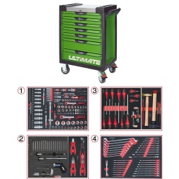 Servante d'atelier 5 tiroirs Ultimate
- Composition 355 outils ks tools
Tiroir 1 : Douille 1/4 - douille 3/8 - douille 1/2 finition mat
Tiroir 2: tournevis cliquet et embouts, pinces
Tiroir 3: tournevis , martellerie
Tiroir 4: clés mixte, clés contre coudée, clés fourches
la servante d'atelier kstools. série ultimate. est le modèle de desserte d'atelier. le plus haut de gamme  de la marque. ks tools. 
les tiroirs de la servante d'atelier ultimate, possedent un système de glissière à roulements à billes (résistance 45kg). Equipé du système "one by one"., ouverture d'un seul tiroir a la fois, vous pouvez deplacer votre servante d'atelier sans forcement l'a fermer a clé !
Les tiroirs de cette servante ont une grande capacité. 40cm de profondeur par 57cm de largeur, tout les tiroirs de cette servante d'atelier sont fournis avec un tapis mousse, a installer au fond. 
Le plan de travail des servantes d'atelier Ultimate est recouvert d'un plateau inox et de boitier "range visserie" sur les cotés,
Au niveau du chassis, les pans de cette servante d'atelier sont perfores, se qui vous permet l'instalation de nombreuses options. tel que. un dérouleur de papier, des crochets de fixations...
Cette gamme  de servante d'atelier repond parfaitement au rangement pour le mécanicien, carrossier, mais aussi pour les métiers de l'industrie (rangement d'outils de tours / fraiseuse...) ainsi que des domaines tel que le medical. l'aéronotique...
- construction a pans coupés renforçant la structure du bati
- système "one by one" antibasculement 
- panneau lateral déporté et pré-percé pour fixation de crochet et accessoires
- 2 roues fixes grand diamètre pour une meilleure stabilite et un déplacement aise sur tous types de sols
- 2 roues pivotantes avec système de freinage total
- plan de travail avec rangements et recouvert inox
- tiroirs sur glissieres à billes extra-resistant (45 kg par tiroir)
- tiroirs à ouverture totale
- fermeture totale et simultanee des tiroirs par serrure 
- poignée tubulaire de manutention
- finition "Ultimate"
- poids 57kg
Composition : 
Module de douilles et accessoires 1/4'' - 3/8'' - 1/2"", 175 pièces ref : 711.1011 finition mat   
- 3 x Cliquets 72 dents bi-matière 1/4’’- 3/8’’- 1/2’’
- 1 x Poignée emmanchée traversante 1/4"
- 2 x Rallonges articulée 1/4’’ 50 - 100 mm
- 1 x Rallonge flexible 1/4" 150 mm 
- 1 x T de force 1/4" 110mm
- 1 x Rallonge articulée 3/8’’  150 mm
- 2 x Rallonges articulée 1/2’’ 125 - 250 mm
- 3 x Cardans 1/4’’ - 3/8’’- 1/2’’
- 2 x Réducteur 1/2" F 3/8" m
- 13 x Douilles 1/4" : 4 - 4,5 - 5 - 5,5 - 6 - 7 - 8 - 9 - 10 - 11 - 12 - 13 - 14mm
- 7 x Douilles longues 1/4" : 4 - 5 - 6 - 7 - 8 - 9 - 10 mm 
- 5 x Douilles TORX E 1/4" : E4 - E5 - E6 - E7 - E8
- 4 x Douilles embout fente  1/4" : E4 - E5 - E6 - E7 - E8 mm
- 3 x Douilles embout PHILIPPS 1/4" : PH1 - PH2 (x2)
- 3 x Douilles embout PROZIDRIV 1/4" : PZ1 - PZ2 (x2)
- 4 x Douilles embout 6 pans mâles 1/4" : 3 - 4 - 5 - 6 mm
- 8 x Douilles embout TORX 1/4" : T8 - T9 - T10 - T15 - T20 - T25 - T27 - T30
- 7 x Douilles embout TORX percé 1/4" : T8 - T10 - T15 - T20 - T25 - T27 - T30
- 10 x Douilles 3/8" : 10 - 11 - 12 - 13 - 14 - 15 mm
- 6 x Douilles longues 3/8" : 10 - 11 - 12 - 13 - 14 - 15 mm
- 6 x Douilles TORX 3/8" : E10 - E11 - E12 - E14 - E16 - E18 
- 1 x Douille 6 pans 3/8" : 18 mm
- 18 x  Douilles 1/2" : 10 - 11 - 12 - 13 - 14 - 15 - 16 - 17 - 18 - 19 - 20 - 21 - 22 - 24 - 27 - 30 - 32 - 34 mm 
- 5 x Douilles longues 1/2" : 16 - 17 - 18 - 19 - 22 mm
- 2 x Douilles TORX 1/2" : E20 - E24
- 1 x Douille porte embout : 1/4" x 1/4"
- 2 x Douilles porte embout : 3/8" x 5/16" et 1/2" x 5/16"
Module clés
- 17 clés mixtes 6-7-8-9-10-11-12-13-14-15-16-17-18-19-20-21-22
- 1 clé à tuyauter 11mm
- 8 clés contre coudée 6x7-8x9-10x11-12x13-14x15-16x17-18x19-21x23mm
- 10 clés fourches 6x7-8x9-10x11-12x13-14x15-16x17-18x19-20x22-27x24-30x32mm
Module de vissage, 28 pièces ref : 712.5028  
- 1 x Tournevis ULTIMATE tom pouce Fente : 6,5 mm
- 3 x Tournevis ULTIMATE Fente : 3,5 - 5,5 - 8 mm
- 1 x Tournevis ULTIMATE tom pouce PHILLIPS : PH2
- 3 x Tournevis ULTIMATE PHILLIPS : PH1 - PH2 - PH3
- 1 x Tournevis ULTIMATE tom pouce PROZIDRIV : PZ2
- 3 x Tournevis ULTIMATE PROZIDRIV : PZ1 - PZ2 - PZ3
- 1 x Jeu de clés mâles 6 pans à tête sphérique longues : 2 - 2,5 - 3 - 4 - 5 - 6 - 8 - 10 mm
- 1 x Jeu de clés mâles TORX longues : T10 - T15 - T20 - T25 - T30 - T40 - T45 - T50
Module de vissage, 103 pièces avec tournevis cliquat 
Module de pinces, 4 pièces ref : 713.4014  
- 1 x Pince coupante diagonale : L. 160 mm
- 1 x Pince universelle : L. 180 mm
- 1 x Pince à bec demi-rond : L. 200 mm
- 1 x Pince multiprises à verrouillage : L. 250 mm
Module d'outils de frappe manche bois, 9 pièces ref : 713.1101    
- 1 x Burin de carossier extra-plat : 250 mm
- 6 x Chasse goupilles brunis : 3 - 4 - 5 - 6 - 10 mm
- 1 x Marteau rivoir : 600g
- 1 x Maillet à embouts plastique interchangeables : 340g
- dimension hors tout : l678xl459xh859 (hauteur avec roues 1035mm 
- roue dia 125mm larg 50mm 
