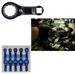 Jeu de dix adaptateurs de rallonge de couple (clés polygonales pattes d'oie), à profil 12 pans, de 10 mm à 19 mm, chacun doté d'un mécanisme de cliquet réversible à 120 dents, pour permettre l'utilisation d'une clé dynamométrique à carré de 3/8" dans des applications d'accès difficile ou restreint. 
Remarque : les réglages de couple doivent être recalculés pour tenir compte de la longueur supplémentaire de ces rallonges. Fournis dans un plateau en mousse EVA, conçu pour s'adapter aux tiroirs de servantes à roulettes, ce qui permet de les garder propres, bien rangés et prêts à l'emploi.

Carré de 3/8" x profil à 12 pans. Mécanisme de cliquet réversible à 120 dents.
Tailles : 10, 11, 12, 13, 14, 15, 16, 17, 18, 19 mm.
En chrome-vanadium avec fini au phosphate noir.
Présenté dans un plateau de rangement en mousse EVA.
REMARQUE : Le réglage du couple doit être ajusté pour permettre l'augmentation effective de la longueur de l'effet de levier