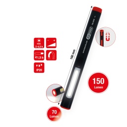 Id&eacute;ale pour les travaux sans prise de courant
Lampe stylo tr&egrave;s fine et compacte
LED COB extr&ecirc;mement puissante
Spot LED SMD puissant
2&nbsp;modes d&rsquo;&eacute;clairage&nbsp;: lampe frontale COB et spot LED SMD
2&nbsp;intensit&eacute;s d&rsquo;&eacute;clairage&nbsp;: intensit&eacute; de 150&nbsp;lumens pour la lampe frontale COB et de 70&nbsp;lumens pour le spot lumineux
avec clip ceinture
Norme IP20 - protection contre les projections de liquides
Tr&egrave;s r&eacute;sistant - Indice de r&eacute;sistance aux chocs IK07
Face arri&egrave;re magn&eacute;tique
Autonomie de 2&nbsp;heures pour la LED frontale
Autonomie de 4,5&nbsp;heures pour le spot LED
Port USB-C pour la charge
Avec LED de contr&ocirc;le de charge
2 batteries Lithium-Ion de haute capacit&eacute;
Corps en aluminium
C&acirc;ble de charge non fourni
