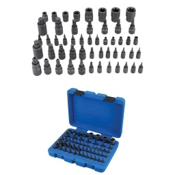 Un jeu complet de douilles et d'embouts Torx® et Torx Plus®, comprenant des profils d'embouts et de douilles inviolables Torx®, Torx Plus® et Torx® en tailles d'entraînement 1/4", 3/8" et 1/2". Un jeu de qualité, fabriqué à partir d'acier S2 au chrome vanadium et résistant aux chocs, fourni dans un coffret robuste en plastique soufflé pour ranger les douilles.

Comprend des embouts Torx®, des embouts inviolables Torx®, des embouts Torx Plus® (6 points) et des douilles Torx®.
Embouts Torx® - Carré de 1/4" x 37 mm de longueur : T6, T8, T10, T15, T20, T25, T27, T30 ; carré de 3/8" x 48 mm de longueur : T40, T45, T47, T50, T55 ; carré de 1/2" x 55 mm de longueur : T60, T70.
Embouts inviolables Torx® - Carré de 1/4" x 37 mm de longueur : T8H, T10H, T15H, T20H, T25H, T27H, T30H ; carré de 3/8" x 48 mm de longueur : T40H, T45H, T50H, T55H, carré de 1/2" x 55 mm de longueur : T60H.
Embouts Torx Plus® - carré de 1/4" x 37 mm de longueur : 8IP, 10IP, 15IP, 20IP, 25IP, 27IP, 30IP ; carré de 3/8" x 48 mm de longueur : 40IP, 45IP, 50IP, 55IP ; carré de 1/2" x 55 mm de longueur : 60IP.
Douilles Torx® - carré de 1/4" : E4, E5, E6, E7, E8 ; carré de 3/8" : E10, E12, E14, E16 ; carré de 1/2" : E18, E20, E22, E24