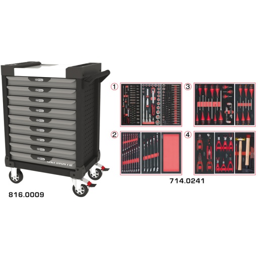Servante ULTIMATE grise et noire 9 tiroirs équipée de 241 outils