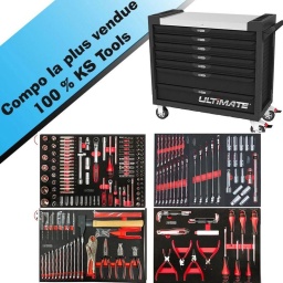 Servante ULTIMATE XL noire. 7 tiroirs
- Construction a pans coupes renforcant la structure du bati
- Panneau lateral déporté et pré-percé pour fixation de crochet et accessoires
- 2 roues fixes grand diamètre pour une meilleure stabilite et un déplacement aise sur tous types de sols
- 2 roues pivotantes avec systeme de freinage total
- Plan de travail en inox
- Tiroirs sur glissieres à billes extra-resistant (45 kg par tiroir)
- Tiroirs à ouverture totale
- Fermeture totale et simultanee des tiroirs par serrure 
- Dimension hors tout : L1042xl460xH830 (hauteur avec roues 1020mm 
- Tiroirs 
5 x h 75x L932 x P398mm 2 x h 154x L932 x P398mm 5 modules par tiroirs
Composition outillage pour servante d'atelier ks tools, 4 modules ultra complet avec outillage ks tools garantie à vie (voir nos cgv) et clé cliquet brilliant tools (grantie 10 ans).
Vous retrouverez dans cette composition ks tools tout le necessaire pour la mécanique , automobile, moto mais aussi entretien technique.
922.1439	Poignée emmanchée ULTIMATE® 1/4''
920.1400	Cliquet réversible 1/4’’ ULTIMATE
920.1200	Cliquet 72 dents extra plat ULTIMATE® 1/2
922.1202	Rallonge ULTIMATE® 1/2'', L.125 mm
922.1203	Rallonge ULTIMATE® 1/2'', L.250 mm
922.1450	Cardan universel ULTIMATE® 1/4''
922.1451	Poignée coulissante T ULTIMATE® 1/4'', L.110 mm
922.1452	Rallonge ULTIMATE® 1/4 L.50 mm	1
922.1455	Rallonge ULTIMATE® 1/4 L.100 mm	1
922.14	Douille 6 pans ULTIMATE® 1/4 4-4,5-5 -5,5-6-7-8-9-10-11-12-13-14mm 
922.1419	Rallonge articulée ULTIMATE 1/4, L.150mm	
922.14	Douille longue 6 pans ULTIMATE 1/4,6-7-8-9-10-11-12-13-14mm		
922.1198	Tournevis porte-embouts magnétique ULTIMATE 1/4'' , L. 100 mm	
922.14	Douille tournevis ULTIMATE® TORX® 1/4'', L.37 mm - T10-15-20-25-27-30-40		
922.147	Douille tournevis ULTIMATE® POZIDRIV® 1/4'', L.37 mm - PZ2-PZ1	
922.1490	Douille tournevis ULTIMATE® Fente 1/4'', L.37 mm - 7-5.5-4mm	
922.146	Douille tournevis 6 pans ULTIMATE® 1/4, L.37 mm - 3-4-5-6-7-8mm		
922.1468	Douille tournevis ULTIMATE® PHILLIPS® 1/4'', L.37 mm - PH1-PH2	
922.1440	Rallonge flexible ULTIMATE® 1/4, L.150mm	
922.1250	Cardan universel ULTIMATE® 1/2	
922.1261	Augmentateur pour poignée coulissante ULTIMATE® 1/2M - 3/8F	
922.120	Douille bougie ULTIMATE® 1/2'', 16-21mm	
922.12	Douille 6 pans ULTIMATE® 1/2'', 10-11-12-13-14-15-16-17-18-19-21-22-24-27-30-32mm	
922.1	Douille longue 6 pans ULTIMATE® 1/2'', 10-11-12-13-15-17-19-22-24-27mm	
2 x rallonges 1/2 à verouillage 75-250mm
975.100	Embout de vissage 6 pans, L.75 mm - Entraînement 10 mm - 5-6-7-8-10 mm	1
975.21	Embout de vissage TORX® percé, L.75 mm - Entraînement 10 mm - TB20-25-27-30-40-50-55-60	
975.300	Embout de vissage XZN®, L.75 mm - Entraînement 10 mm - M6-8-10-12	
911.1452	Adaptateur pour visseuse, 1/4''	
922.1297	Porte-embouts de vissage ULTIMATE® 1/2, 10 mm	
922.1421	Douille porte-embouts ULTIMATE® 1/4	
514.1102	Porte-embout magnétique 1/4, L.50 mm	
514.1106	Adaptateur porte-douilles 1/4- 1/4
911.1452	Adaptateur pour visseuse	
911.2255	Embout de vissage KS 6 pans 3.0-4-5-5.5-3-7 - entraînement 6.35 mm
911.2397	1/4'' Embout de vissage POZIDRIV, 25 mm, PZ0-1-2-3	
911.3001	Embout de vissage 4 pans, L.25 mm - 1/4'' - #0-1-2-3	
911.2201	Embout de vissage  KS PH N°0-1-2-3, longueur25 mm 
911.2910	Embout de vissage KS SPANNER 4-6-8-10mm
911.3566	KSD - 1/4'' Bit Innensechskant, 25mm, 1/16''-5/64''-3/32''-7/64''-1/8''-9/64''-5/32''-3/16''-7/32''-1/4''	
911.2961	Embout de vissage KS 6 pans percé 5/64-3/32-7/64-1/8-9/64-5/32- entraînement 6.35mm 
911.2934	Embout de vissage KS 6 pans percé 2.0-2.5-3-4-5-6 entraînement 6.35 mm,  longueur25 mm 
911.2901	Embout de vissage KS TORQ SET 6-8-10mm - entraînement 6.35 mm, l25mm	
911.2922	Embout de vissage KS TRI WING 1-2-3-4, entraînement 6.35 mm, L. 25 mm	
911.3303	Embout de vissage 1/4'' Fente, 25 mm, 3-4-4.5-5-5.5-6-6.5-7-8 mm	
911.2306	Embout de vissage KS TORX 8-10-15-20-25-27-30-40-45 - entraînement 6.35 mm,L.25 mm
911.2344	Embout de vissage XZN M5-M6-M8, entrainement 6.35 mm, L25 mm	
911.2276	Embout de vissage KS TORX percé 8-10-15-20-25-27-30-40 entraînement 6.35 mm, l25 mm
911.2985	Embout de sécurité papillon # 1, L.25 mm	1
911.2988	KSD - 1/4'' Doppelkeil-Bit # 2, 25mm, S2	1
911.2991	KSD - 1/4'' Doppelkeil-Bit # 3, 25mm, S2	1
922.60	Tournevis ULTIMATE® Fente, 3,5-5.5-8mm
922.60	Tournevis ULTIMATE® PHILLIPS®, PH1 PH2 PH3	
907.2135	Cutter à système de blocage, 18 mm	
907.2166	Lames de rechange pour 907.2141 - paquet de 10 pcs	
151.2100	Jeu de 8 clés mâles 6 pans à tête sphérique longues, 2 à 10 mm	
151.2200	Jeu de 8 clés mâles TORX® percé longue, T10 à T50	
500.10	Pince à circlips extérieur droite,19-60 mm,160mm droite, 160mm	extérieur coudée 90°,19-60 mm, intérieur coudée 90°,19-60 mm,160mm	
115.1012	Pince coupante de côté à poignées bi-composants, L. 160 mm	
115.1021	Pince universelle à poignées bi-composants, L.180 mm	
115.1024	Pince à bec demi-ronds KS, à poignées bi-composants L.200 mm	
115.1197	Pince étau GRIPfix Xtreme 9 0-50mm	
115.2001	Pince multiprises gainée, 250mm, 0-36mm	
156.0589	Burin de carrossier extra plat, 26 mm, Longueur 250 mm	
142.1080	Marteau rivoir manche Hickory, 800g	
922.00	Clé mixte, 8,9,10,11,12,13,14,15,16,17,18,19,21,22,24,27,32 mm	
Clé mixte cliquet droite 72 dents Brillant tools 8-9-10-11-12-13-14-15-16-17-18-19mm (garanties 10ans)
156.020	Chasse-goupille bruni octogonal, 3,4,5,6,8,10 mm Longueur 150mm	
156.0175	Pointeau	1