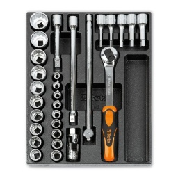 Module douilles 1/2" 29 pièces
- composition:
1 cliquet 1/2" 72 dts
2 rallonges standard
1 carrée 305mm 1 cardan
douilles 12 pans 10-11-12-13-14-15-16-17-18-19-20-21-22mm 6 pans mâles 5-6-8-10-12mm - plateau thermoformé rigide 
- 1/2 de tiroir
- 367x294mm - qualité premium beta depuis 1939