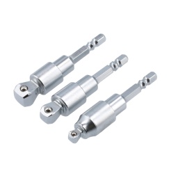 Jeu d'adaptateurs de douilles à embout sphérique 'angulés' en trois tailles : carrés de 1/4", 3/8" et 1/2". Conçus avec une tige hexagonale de ¼" pour les mandrins à serrage rapide, ces adaptateurs permettent d'utiliser des douilles dans des endroits où l'accès est limité ou difficile, car ils ont une extrémité sphérique permettant un mouvement de 10 degrés et une plage supplémentaire de 40 degrés. L'aimant intégré assure une fonction d'auto-verrouillage et d'auto-centrage. Longueur totale de 75 mm (environ). N'est pas conçu pour être utilisé avec des outils à percussion.

Jeu de trois adaptateurs de douilles avec fonction d'articulation pour une utilisation angulée.
Dimensions : Carrés de 1/4", 3/8" et 1/2".
Chacun d'eux est doté d'un mandrin à serrage rapide pour faciliter l'utilisation.
Extrémité sphérique pour plus de flexibilité.
REMARQUE : N'est pas conçu pour être utilisé avec des outils à percussion
