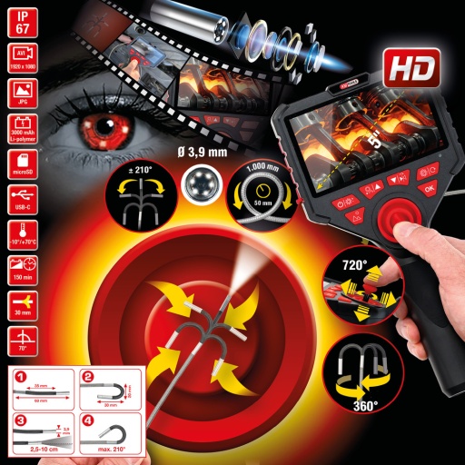 Set vidéoscope HD avec sonde de caméra frontale HD 720° et 0° Ø 39 mm gaine flexible en PVC