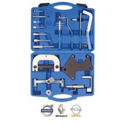Coffret d’outils de réglage moteur | pour Renault
Bloquer le volant moteur
Bloquer le vilebrequin, l’arbre de pompe à injection
Extraire la courroie de vilebrequin
Tendre la courroie de distribution
Gabarit de réglage pour positionner l’arbre à cames et l’arbre de pompe par rapport au vilebrequin
À utiliser d’après les outils OEM MOT1348, MOT1312, MOT1135 -01, MOT1384, MOT1337, MOT1496, MOT910-1, MOT910, MOT861, MOT863, MOT1054, MOT1318, MOT1489, MOT1340, MOT1386, MOT1490, MOT1490-1, KM6031

Pour les modèles :

Moteurs essence Renault 1.4, 1.6, 1.8, 2.0 l, avec technique 16 V
Moteurs essence Renault 2.5 l, 20 V avec double arbre à cames
Moteurs essence Renault 1.2, 1.4, 1.6, 1.7, 1.8, 2.0, 2.2 l
Moteurs diesel Renault 1.9, 2.5, 2.8 l
Également pour Opel Arena, Movano et Volvo V40, S40