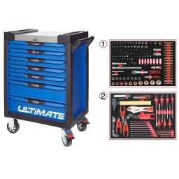 Servante d'atelier 7 tiroirs Ultimate
- Composition 184 outils
Tiroir 1 : Douille 1/4 - douille 1/2 - douille longue 1/4 douille torx femelle - embout allen torx XZN
Tiroir 2: clés mixte, pinces, tournevis, cle allen, marteau
la servante d'atelier kstools. série ultimate. est le modèle de desserte d'atelier. le plus haut de gamme  de la marque. ks tools. 
les tiroirs de la servante d'atelier ultimate, possedent un système de glissière à roulements à billes (résistance 45kg). Equipé du système "one by one"., ouverture d'un seul tiroir a la fois, vous pouvez deplacer votre servante d'atelier sans forcement l'a fermer a clé !
Les tiroirs de cette servante ont une grande capacité. 40cm de profondeur par 57cm de largeur, tout les tiroirs de cette servante d'atelier sont fournis avec un tapis mousse, a installer au fond. 
Le plan de travail des servantes d'atelier Ultimate est recouvert d'un plateau inox et de boitier "range visserie" sur les cotés,
Au niveau du chassis, les pans de cette servante d'atelier sont perfores, se qui vous permet l'instalation de nombreuses options. tel que. un dérouleur de papier, des crochets de fixations...
Cette gamme  de servante d'atelier repond parfaitement au rangement pour le mécanicien, carrossier, mais aussi pour les métiers de l'industrie (rangement d'outils de tours / fraiseuse...) ainsi que des domaines tel que le medical. l'aéronotique...
- construction a pans coupés renforçant la structure du bati
- système "one by one" antibasculement 
- panneau lateral déporté et pré-percé pour fixation de crochet et accessoires
- 2 roues fixes grand diamètre pour une meilleure stabilite et un déplacement aise sur tous types de sols
- 2 roues pivotantes avec système de freinage total
- plan de travail avec rangements et recouvert inox
- tiroirs sur glissieres à billes extra-resistant (45 kg par tiroir)
- tiroirs à ouverture totale
- fermeture totale et simultanee des tiroirs par serrure 
- poignée tubulaire de manutention
- finition "Ultimate"

- poids 57kg
- dimension hors tout : l678xl459xh859 (hauteur avec roues 1035mm 
- roue dia 125mm larg 50mm 