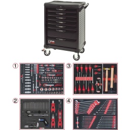Servante d'atelier ks tools 7 tiroirs - tiroir ouverture one by one antibasculement - système fermeture centralisee par serrure - plan de travail avec range visseries - 4 roues robustes 125mm (2 directionelles avec freins) - dimensions : h 1016 x l 680 x p 455mm triroirs 6 x h55xl565xp405mm 1 xh205xl565xp405mm charge par tiroirs 45kg poids vide de la servante 54.5kg résistance statique 500kg servante atelier de la marque ks tools. avec noir complet du plus belle effet. parfaite pour une utilisation dans les milieux salissants (garage. industrie...) Composition : Module de douilles et accessoires 1/4'' - 3/8'' - 1/2