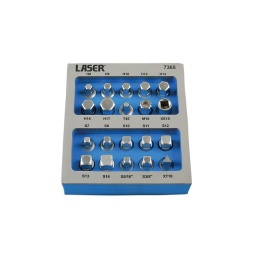 Les applications comprennent :  BMW, Citroën, Ford, Lancia, Mercedes Benz, Nissan, Peugeot, Subaru, Toyota, VAG, Volvo etc.
Carré de 3/8"
Contient 7 embouts hexagonaux de 8 mm, 9 mm, 10 mm, 12 mm, 13 mm, 14 mm, 17 mm, plus 9 embouts carrés de 7 mm, 8 mm, 10 mm, 11 mm, 12 mm, 13 mm, 14 mm, 5/16", 3/8"
Plus : 1 carré femelle de 10 mm, 1 embout triangulaire de 10 mm, 1 embout étoile T45, 1 embout cannelé de sécurité M16
Fourni dans un plateau de rangement en EVA - Étoile est équivalent à Torx® à 6 pans. Torx® est la marque déposée d'Acument Global Technologies