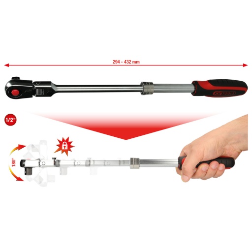 Cliquet téléscopique réversible 1/2'' à tête articulée 72 dents