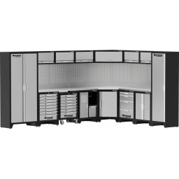 Mobilier d'atelier Drakkar -ROBUSTE :des meubles durables, conçus pour un usage industriel -RAPIDE :montage aisé, assemblage simplifié = prêt à l’emploi dans un temps record -FONCTIONNEL :Optimisez l'aménagement de votre atelier avec une approche alliant efficacité, praticité et esthétisme Plusieurs hauteurs de tiroirs Plateau de 38mm d'épaisseur Verrouillage mécanique des tiroirs Structure autoportée 2 Finitions de plateau largeur 463mm: BOIS (HÊTRE) OU INOX Pieds réglables de série Composition : - armoire haute Réf.72610x1 - armoire haute à 2 portes Réf.72611x1 - connecteurs de côté pour panneaux Réf.72614x16 - connecteur support Réf.72616x1 - meuble bas 4 tiroirs Réf.72620x1 - meuble bas 2 portes Réf.72622x1 - servante d'atelier 7 tiroirs Réf.72623x1 - meuble bas pour poubelle - essuie tout Réf.72624x1 - meuble bas 8 tiroirs Réf.72625x1 - meuble d'angle bas 1 porte avec 1 tablette Réf.72626x1 - meuble haut Réf.72631x5 - meuble haut d'angle Réf.72632x1 - panneau perforé - trous carrés Réf.72635x5 - panneau perforé mural angle Réf.72636x2 - plan de travail droit x1 L.1361x463x38mm - plan de travail droit x1 L.2041x463x38mm - plan de travail d'angle x1 L.865x865x38mm HAUTEUR 2000mm DIMENSIONS LGXLGXH 6703x488x2000mm LONGUEUR 3849 + 2854mm POIDS 748,15KG