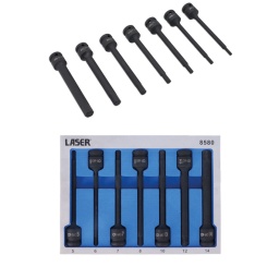 Jeu de douilles hexagonales à carré de 1/2" de 150 mm de long, adaptées aux fixations difficiles à atteindre ou encastrées. Chacune d'entre elles est construite en une seule pièce et en chrome-molybdène pour la résistance aux impacts, avec fini au phosphate noir pour la résistance à la corrosion, et comprend une rainure et des trous pour l'utilisation d'une bague de retenue et d'une pige.

Douilles hexagonales extra-longues, pour les applications où un embout hexagonal de longueur standard ne convient pas.
Dimensions : 5, 6, 7, 8, 10, 12, 14 mm x 150 mm x carré de 1/2".
Qualité impact, en chrome molybdène pour plus de solidité, avec fini au phosphate noir.
Présenté dans un plateau en mousse EVA pratique pour le rangement et limitant le gaspillage d'emballage.
Toutes les tailles sont disponibles séparément, voir les références 8581 (5 mm), 8582 (6 mm), 8583 (7 mm), 8584 (8 mm), 8585 (10 mm), 8586 (12 mm), 8587 (14 mm)