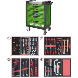 Servante d'atelier 7 tiroirs Ultimate
- Composition 173 outils
Tiroir 1 : Douille 1/4 - douille 1/2 - douille longue 1/2
Tiroir 2: clés mixte et pinces
Tiroir 3 : Tournevis - martellerie
Tiroir 4 : clé à pipe et module de rangement
la servante d'atelier kstools. série ultimate. est le modèle de desserte d'atelier. le plus haut de gamme  de la marque. ks tools. 
les tiroirs de la servante d'atelier ultimate, possedent un système de glissière à roulements à billes (résistance 45kg). Equipé du système "one by one"., ouverture d'un seul tiroir a la fois, vous pouvez deplacer votre servante d'atelier sans forcement l'a fermer a clé !
Les tiroirs de cette servante ont une grande capacité. 40cm de profondeur par 57cm de largeur, tout les tiroirs de cette servante d'atelier sont fournis avec un tapis mousse, a installer au fond. 
Le plan de travail des servantes d'atelier Ultimate est recouvert d'un plateau inox et de boitier "range visserie" sur les cotés,
Au niveau du chassis, les pans de cette servante d'atelier sont perfores, se qui vous permet l'instalation de nombreuses options. tel que. un dérouleur de papier, des crochets de fixations...
Cette gamme  de servante d'atelier repond parfaitement au rangement pour le mécanicien, carrossier, mais aussi pour les métiers de l'industrie (rangement d'outils de tours / fraiseuse...) ainsi que des domaines tel que le medical. l'aéronotique...
- construction a pans coupés renforçant la structure du bati
- système "one by one" antibasculement 
- panneau lateral déporté et pré-percé pour fixation de crochet et accessoires
- 2 roues fixes grand diamètre pour une meilleure stabilite et un déplacement aise sur tous types de sols
- 2 roues pivotantes avec système de freinage total
- plan de travail avec rangements et recouvert inox
- tiroirs sur glissieres à billes extra-resistant (45 kg par tiroir)
- tiroirs à ouverture totale
- fermeture totale et simultanee des tiroirs par serrure 
- poignée tubulaire de manutention
- finition "Ultimate"
Composition :
Module 54 pièces douilles et accessoires 1/4’’ ref : 713.1020  
- Cliquet réversible 72 dents
- 1x Poignée emmanchée 1/4’’
- 2x Rallonges 1/4’’ : L. 50 mm et L. 100 mm
- 1x Rallonge flexible : L. 150 mm
- 1x Poignée coulissante T : L. 115 mm
- 1x Cardan universel 1/4"
- 13x Douilles 1/4’’ : 4 - 4,5 - 5 - 5,5 - 6 - 7 - 8 - 9 - 10 - 11 - 12 - 13 - 14 mm
- 8x Douille longue 1/4" : 6 - 7 - 8 - 9 - 10 - 11 - 12 - 13
- 1x Porte embout 1/4" 
- 3x Embouts de vissage Fente 4 - 5,5 - 8 mm 
- 3x Embouts de vissage PHILLIPS® PH 1 - PH 2 - PH3 
- 2x Embouts de vissage POZIDRIV® PZ 1 - PZ 2 
- 6x Embouts de vissage 6 pans : 3 - 4 - 5 - 6 - 7 - 8  mm
- 7x Embouts de vissage TORX® profil E T10 - T15 - T20 - T25 - T27 - T30 - T40
​- 4x Embouts de vissage 12 pans : M4 - M5 - M6 - M8 
Module de douilles et accessoires ULTIMATE 1/2'' , 24 pièces ref : 713.1024  
- 1 x Cliquet réversible 72 dents
- 2 x Rallonges : 125 - 250 mm
- 1 x Cadran universel 1/2"
- 1 x Bague coulissante 3/8" x 1/2"
- 17 x Douilles : 10 - 11 - 12 - 13 - 14 - 15 - 16 - 17 - 18 - 19 - 20 - 21 - 22 - 24 - 27 - 30 - 32 mm
- 2 x Douilles longues : 16 - 21 mm
Module de douilles longues et accessoires 1/2",  17 pièces ref : 713.1026   
- 1 x Rallonge : 125 mm
- 2 x Rallonges à verrouillage : 75 - 250 mm
- 10 x Douilles : 10 - 11 - 12 - 13 - 15 - 17 - 19 - 22 - 24 - 27 mm
- 4 x Douilles 6 pans : 14 - 16 - 18 - 21 mm
Module de clés mixtes ULTIMATE, 17 pièces ref : 713.2017   
- 17 x Clés mixtes : 6 - 7 - 8 - 9 - 10 - 11 - 12 - 13 - 14 - 15 - 16 - 17 - 18 - 19 - 20 - 21 - 22 mm
Module de clés mixtes ULTIMATE, 5 pièces ref : 713.2015   
- 5 x Clés mixtes : 24 - 27 - 29 - 30 - 32 mm
Module de pinces, 4 pièces ref : 713.4014  
- 1 x Pince coupante diagonale : L. 160 mm
- 1 x Pince universelle : L. 180 mm
- 1 x Pince à bec demi-rond : L. 200 mm
- 1 x Pince multiprises à verrouillage : L. 250 mm
Module de vissage, 28 pièces ref : 712.5028   
- 1 x Tournevis ULTIMATE tom pouce Fente : 6,5 mm
- 3 x Tournevis ULTIMATE Fente : 3,5 - 5,5 - 8 mm
- 1 x Tournevis ULTIMATE tom pouce PHILLIPS : PH2
- 3 x Tournevis ULTIMATE PHILLIPS : PH1 - PH2 - PH3
- 1 x Tournevis ULTIMATE tom pouce PROZIDRIV : PZ2
- 3 x Tournevis ULTIMATE PROZIDRIV : PZ1 - PZ2 - PZ3
- 1 x Jeu de clés mâles 6 pans à tête sphérique longues : 2 - 2,5 - 3 - 4 - 5 - 6 - 8 - 10 mm
- 1 x Jeu de clés mâles TORX longues : T10 - T15 - T20 - T25 - T30 - T40 - T45 - T50
Module d'outils de frappe manche bois, 9 pièces ref : 713.1101  
- 1 x Burin de carossier extra-plat : 250 mm
- 6 x Chasse goupilles brunis : 3 - 4 - 5 - 6 - 10 mm
- 1 x Marteau rivoir : 600g
- 1 x Maillet à embouts plastique interchangeables : 340g
Module de clés à pipe débouchées - 6 pans, 4 pièces ref : 713.4004  
- 4 x Clés à pipe débouchées : 21 - 22 - 24 - 27 mm
Module de clés à pipe débouchées - 6 pans, 11 pièces ref : 713.2011  
- 11 x Clés à pipe débouchées : 8 - 10 - 11 - 12 - 13 - 14 - 15 - 16 - 17 - 18 - 19 mm
Module vide 1/3 - 1 compartiment  ref : 713.1300 
- poids 57kg
- dimension hors tout : l678xl459xh859 (hauteur avec roues 1035mm 
- roue dia 125mm larg 50mm 