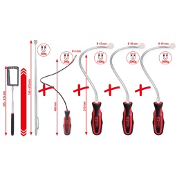 Pour retirer de petites pi&egrave;ces m&eacute;talliques dans des endroits difficiles d&rsquo;acc&egrave;s
Force de 200&nbsp;g &agrave; 3&nbsp;000&nbsp;g
Poign&eacute;e flexible
Avec poign&eacute;e bi-composant
Pointe de r&eacute;glage
Id&eacute;al pour nettoyer et r&eacute;gler les gicleurs d'essuie-glaces
Avec miroir d&rsquo;inspection flexible avec &eacute;clairage
Lampe &agrave; LED
Pour le contr&ocirc;le optique et la recherche de pannes
Double articulation
Pile CR2032 incluse
