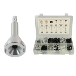 Pour retirer les agrafes métal présentes sous le châssis et sur la carrosserie 
Evite d'endommager la tige centrale en plastique du châssis 
Entraînement 6 pans 1/4" selon DIN 3126 / ISO 1173 - C 6,3 
Assortiment d'attaches métalliques diverses 

 Utilisation : VAG, Ford, PSA, Renault
