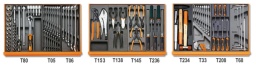 Composition de 98 outils pour la maintenance industrielle en plateaux thermoformés rigides en ABS
920A	douilles 6 pans avec carré conducteur femelle 1/2"  10÷24 - 26 - 27 - 30 - 32 mm	
920ME	douilles tournevis pour vis 6 pans creux carré femelle 1/2"  5 - 6 - 8 - 10 - 12 mm	
920/21	rallonge - 1/2" 125 mm	
920/22	rallonge - 1/2" 255 mm	
920/25	cardan 1/2"	
920/42	poignée coulissante 1/2"	
920/55	cliquet réversible 1/2" 	
42	clés mixtes 6÷21 mm	
42	clés mixtes 22-24-27-30-32 mm	
1048N	Pince multiprise entrepassée 250 mm	
1052	pince - étau à becs droits 240 mm	
1084	Pince coupante diagonale à faible effort de coupe  160 mm	
1150	pince à becs demi-ronds longs  180 mm
1166	Pince à becs demi-ronds longs  160 mm	1
1032	pinces pour circlips intérieurs à becs droits 180 mm	
1034	pinces pour circlips intérieurs à becs coudés 170 mm	
1036	pinces pour circlips extérieurs à becs droits 175 mm	
1038	pinces pour circlips extérieurs à becs coudés 175 mm	
35	burins nervurés 100 - 200 mm
1719BMA8/S5	limes demi-douces 200 mm	
1370	marteau de mécanicien 300 g	
1390	maillet à embouts nylon, manche en bois Ø 35 mm	
55	clés à fourches 6x7 - 8x9 - 10x11 - 12x13 - 14x15 - 16x17 - 18x19 - 20x22 mm	
96/SC9	clés mâles 6 pans coudées 1,5 - 2 - 2,5 - 3 - 4 - 5 - 6 - 8 - 10 mm	
1260	tournevis pour vis à fente 3x75 - 4x100 - 5,5x150 - 6,5x150 mm
1262	tournevis pour vis Phillips® PH0x60 - PH1x80 - PH2x100 mm	
951	clés mâles 6 pans en T 2,5 - 3 - 4 - 5 - 6 - 8 mm