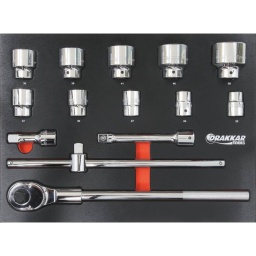 Module mousse 395x534mm métal douilles/cliquet 3/4" - 14 pcs
Module plein composé de 14 outils :
10 douilles (22-24-27-30-32-36-38-41-46-50mm)
1 cliquet renforcé 500mm réversible 24 dents
1 poignée coulissante 450mm
1 rallonge 200mm
1 rallonge 100mm