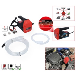 Aspiration, remplissage et transvasement de liquides divers
convient pour diesel, huile moteur, huile de chauffage et le liquide de refroidissement
Capacit&eacute; d&rsquo;aspiration : huile moteur 0,2 l/min, essence et huile de chauffage 1,2 l/min
le raccord 12 V se fait par le biais de pinces croco du v&eacute;hicule ou via une batterie externe
Sonde d&rsquo;aspiration de &Oslash;&nbsp;6&nbsp;mm et flexible de remplissage &Oslash;&nbsp;12&nbsp;mm inclus
ne convient pas pour l&rsquo;eau, l&rsquo;huile de transmission et les liquides facilement inflammables comme l'essence, etc.
