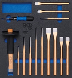  Étendue de la livraison : Pointeau automatique<br>Réglable en continu de 15 - 25 kg  Burin fin de carrossiers, 26 x 235 mmBurin extra fin avec manche de protection en caoutchouc Lame à affûter  Jeu de chasse-goupilles, burin et pointeaux, 12 pièces:Exécution renforcée avec tige six pans Acier au carbone forgé abaissé 6 burins plats : 14,5 x 145 mm à 19 x 250 mm 3 chasse-goupilles : 4,5 x 250 mm - 6,5 x 180 mm - 8 x 250 mm 2 pointeaux : 150 mm - 200 mm 1 chasse-goupilles 9,7 x 200 mm  