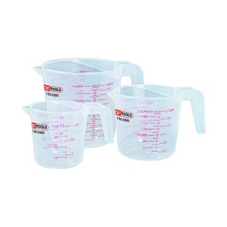 Jeu de verres mesureurs. 3 pièces
graduations en 20 ml. cups. oz. quart
1x 250 ml
1x 500 ml
1x 1000 ml