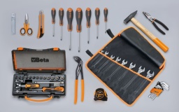 Composition de 49 outils
55/B8N	6x7 - 8x9 - 10x11 - 12x13 -14x15 16x17 - 18x19 - 20x22 mm	
96/SC9	clés mâles 6 pans coudées  1,5 - 2 - 2,5 - 3 - 4 - 5 - 6 - 8 - 10 mm	
900	douilles 6 pans avec carré conducteur femelle 1/4"  4 - 4,5 - 5 - 5,5 - 6 - 7 - 8 - 9 - 10 - 11 - 12 - 13 - 14 mm	
900/21	rallonge - 1/4” 150 mm	
900/25	cardan avec carrés mâle et femelle 1/4"	
900BG/30	poignée emmanchée avec carré mâle 1/4"	
900/42	poignée coulissante avec carré mâle 1/4"	
900/55	cliquet réversible avec carré mâle 1/4" 
1048N	Pince multiprise entrepassée 250 mm	
1128BMX	ciseaux d’electricien	
1150G	pince universelle, branches gainées avec double couche de PVC antidérapant, modèle grande capacité, finition industrielle 180 mm	
1201E	tournevis pour vis à fente 3x75 - 4x100 - 5,5x150 - 6,5x150 mm	
1202E	tournevis pour vis phillips® PH0x60 - PH1x80 - PH2x100 mm	
1370	marteau de mécanicien 300 g	
1692	mètre à ruban 3 m	
1771RL	Etui de 10 lames sécables 18 mm, pour 1771 et 1771BM, 1771HD	
1771	cutter à lame sécable 18 mm avec lames 18 mm