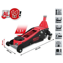 Cric en aluminuim particulièrement léger
Cric extra-bas
Répartition de la charge sur une large surface
Descente contrôlée grâce au mécanisme à cardan
soulever à la hauteur maximale avec peu de coups de pompe (5)
Deux roues directionnelles polyuréthanes résistantes aux hydrocarbures
Muni d'un plateau pour déposer les écrous de roues
Levier de pompage enveloppé de mousse dans la partie inférieure, pour protéger les parties de la carrosserie comme les bas de caisse et les ailes
Transport facile grâce au poids très léger
Tampon de cric diamètre 82 x 6 mm
Soupape de surcharge
La technologie Safety Bypass empêche les fuites d’huile
Indispensable quotidiennement dans tout atelier
Construction massive en aluminium