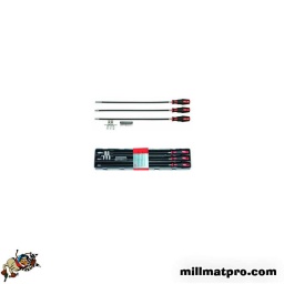 Jeu de tournevis flexibles 500mm 
composition:
- 3 tournevis flexibles 500mm  7mm porte embouts-carre 1/4" pour douilles
- 3 douille 1/4 5-6-8mm - embouts:
6 torx t10-15-20-25-27-30
2 ph1/2
2 fente 5.5-6.5mm 