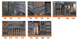 Composition de 161 outils pour la maintenance générale en plateaux thermoformés rigides en ABS
42	clés mixtes 6÷21 mm	16
42	clés mixtes 22 - 24 - 27 - 30 - 32 mm
31	chasse-goupilles Ø 2 - 3 - 4 - 5 - 6 mm	
32	pointeau Ø 4 mm	
55	clés à fourches 6x7 - 8x9 - 10x11 - 12x13 - 14x15 - 16x17 18x19 - 20x22 - 21x23 - 24x26 - 27x29 - 30x32 mm	
96N/SC9	clés mâles 6 pans coudées 1,5 - 2 - 2,5 - 3 - 4 - 5 - 6 - 8 - 10 mm	
90	clés polygonales contre - coudées 6x7-8x9-10x11-12x13-14x15-16x17-18x19 mm	
96T	clés mâles 6 pans à poignée en T 2-2,5-3-4-5-6 mm	
97TTX	tournevis pour vis Torx® T10-T15-T20-T25-T27-T30	
920A	douilles 6 pans avec carré conducteur femelle 1/2" 10-11-12-13-14-15-16-17-18-19-20-21-22-23-24-26-27-30-32 mm	
920ME	douilles tournevis pour vis 6 pans creux carré femelle 1/2" 5-6-8-10-12 mm	
920AN/125	rallonge angulaire - 1/2” 125 mm	
920AN/250	rallonge angulaire - 1/2” 250 mm	
920/25	cardan 1/2"	
920/42	poignée coulissante 1/2" 305 mm	
920/55	cliquet réversible 1/2" 
900	douilles 6 pans avec carré conducteur femelle 1/4" 4-4,5-5-5,5-6-7-8-9-10-11-12-13-14 mm	
900ME	douilles tournevis pour vis 6 pans creux carré femelle 1/4"  2,5-3-4-5-6-8 mm	
900/20	rallonge - 1/4” 50 mm	
900/21	rallonge - 1/4” 150 mm	
900/25	cardan avec carrés mâle et femelle 1/4"	
900BG/30	poignée emmanchée avec carré mâle 1/4"	
900/42	poignée coulissante avec carré mâle 1/4" 115 mm	
900/55	cliquet réversible avec carré mâle 1/4" 
1084	Pince coupante diagonale à faible effort de coupe 160 mm	
1150	pince à becs demi-ronds longs 180 mm	
1166	Pince à becs demi-ronds longs 160 mm	
1032	pinces pour circlips intérieurs à becs droits 180 mm	
1034	pinces pour circlips intérieurs à becs coudés 170 mm	
1036	pinces pour circlips extérieurs à becs droits 175 mm	
1038	pinces pour circlips extérieurs à becs coudés 175 mm	
1048N	Pince multiprise entrepassée 250 mm	
1052	pince - étau à becs droits 240 mm	
1290	tournevis pour vis Phillips® 2,5x50-3x75-3,5x100-4x125-5,5x100-5,5x150-6,5x150 mm	
1290	tournevis pour vis Phillips® 8x150-8x200-10x200 mm	
1290N	tournevis à lame courte pour vis à fente 4x30-6,5x30 mm	
1292	tournevis pour vis Phillips® PH0x60-PH0x100-PH1x80-PH1x120-PH2x100-PH2x150 mm	
1292	tournevis pour vis Phillips® PH3x150-PH4x200 mm	
1292N	tournevis à lame courte pour vis Phillips PH1x30-PH2x30 mm	
35	burins nervurés 100-200 mm	
1370	marteau de mécanicien 300 g	
1390	maillet à embouts nylon, manche en bois Ø 35 mm	
1719BMA...Q	Lime carrée demi-douce 200 mm	
1719BMA...T	Lime triangulaire demi-douce 200 mm	
1719BMA...P	Lime plate demi-douce 200 mm	
1719BMA...M	Lime demi-ronde demi-douce 200 mm	
1719BMA...R	lime ronde demi-douce 200 mm	
VP4	