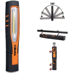 Lampe articulée à LED, rechargeable avec chargeur sans fil Caractéristiques :​ Double émission lumineuse : avant : LED COB, 3 intensités lumineuses : 250 - 500 -1000 lumens en tête (spot) : LED SMD, 200 lumens Batterie rechargeable Li-ion 3.6V 3.350mAh 2 modes de charge : base sans fil 1839BRW (en option) Chargeur avec connexion USB-C ​​Temps de charge : 6.5h avec base de recharge sans fil 4.5h avec alimentateur Autonomie: avant : 3-5h en tête (spot) : 7h Indicateur de charge de la batterie à 3 LEDs Base orientable à 180° Corps en caoutchouc antiglisse Double crochet orientable aimants sur base et sur derrière IP65 IK07