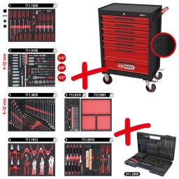Composition de modules idéale pour usage universel
rangement ordonné des outils grâce aux emplacements précis
Avec rappel de fermeture et fonction SOFT CLOSE
Construction robuste en acier rigide - épaisseur 0,8 mm
Très grande stabilité
Parois latérales avec perçages pour accrocher divers accessoires
Système de fermeture centralisée par serrure
Glissière à roulements à billes
Ouverture 100% des tiroirs
Tiroirs avec caoutchouc anti-dérapant
Plan de travail avec insert en mousse de 10 mm
Poignée latérale en acier
Deux roues fixes Ø 125 mm
avec 2 roues directionnelles Ø 125 mm avec frein de roulement et de rotation
Poignées de tiroir pleine largeur
thermolaqué électrostatiquement
Combinable avec coffre à outils