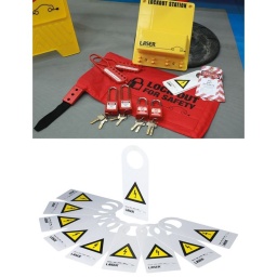Kit de station de consignation combinée fournie avec cadenas, moraillons, étiquettes de consignation/d'avertissement et sac de consignation. Un kit utile pour ranger en toute sécurité et accéder aux produits de consignation pour les garages et ateliers de carrosserie effectuant divers travaux de réparation sur véhicules hybrides/électriques.

Station de consignation murale de conception compacte qui assure un stockage en toute sécurité et un accès facile au matériel requis. Quatre agrafes permettent le rangement de 8 cadenas et bac de stockage pour plusieurs étiquettes de consignation, pancartes d’avertissement, attache-câbles, etc. Dimensions : 200 x 250 x 97 mm.
Sac de consignation de sécurité à haute visibilité avec sangle verrouillable pour empêcher tout accès non autorisé. Idéal pour le rangement des clés de véhicules, des sectionneurs d'entretien manuel (MSD) de véhicules électriques, etc. pour la prévention d'une activation accidentelle des systèmes à haute tension. Dimensions : 440 x 245 mm
2 cadenas de consignation à corps en nylon non conducteur et anse de 38 mm et 76 mm (avec deux clés codées), pour la prévention de l'activation accidentelle des systèmes à haute tension ou de l'accès à ces derniers. 2 moraillons flexibles, chacun avec 6 trous pour cadenas.
Un paquet de 10 étiquettes de consignation, portant un avertissement de sécurité, avec un revêtement autocollant au dos de l'étiquette, permettant d'écrire le nom de l'employé autorisé. Un paquet de 10 étiquettes (à accrocher sur le rétroviseur intérieur ou le volant), conçues pour servir d'avertissement et indiquer que le véhicule est un véhicule électrique (VE) ou hybride.
Tous les produits contenus dans ce kit sont disponibles comme articles individuels - voir les références Laser 7946 (station de consignation combinée), 8030 (sac de consignation), 6641 (cadenas de 38 mm), 7943 (cadenas de 78 mm), 7942 (moraillon de consignation), 7941 (étiquettes de consignation, paquet de 10), 8049 (pancartes d'avertissement pour véhicules hybrides/électriques, paquet de 10).