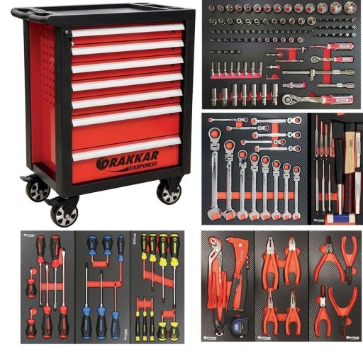 Servante d'atelier Drakkar 09217 avec composition outils 4 tiroirs clé cliquet tête inclinable