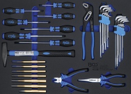Marteau de mécanicien, tête laquée noire, manche de fibre de verre, 300 g Clé coudée, exécution extra longue, en support rabattable, profil T (pour Torx) : T10 - T15 - T20 - T25 - T27 - T30 - T40 - T45 - T50 Clé coudée, exécution extra longue, en support rabattable, six pans creux, côté long avec rotule : 1,5 - 2,0 - 2,5 - 3,0 - 4,0 - 5,0 - 6,0 - 8,0 - 10 mm Chasse-goupilles, 150 mm, trempé, tige laquée : 3 - 4 - 5 - 6 - 7 - 8 mm Pointeau, 120 mm, trempé, tige laquée : 5 x 12 mm Tournevis d’atelier, manche bi-composants, sortie fente : 3 x 60 mm - 4 x 80 mm - 5,5 x 125 mm - 6,5 x 150 mm Tournevis d’atelier, manche bi-composants, sortie cruciforme PH : PH1 x 80 mm - PH2 x 100 mm - PH3 x 150 mm Pince téléphone, droite, 200 mm / pince coupante, 165 mmAvec isolation de protection manuelle lourde 2 composants  Pince multiprise, 240 mm<br>Avec ergot de protection forgé, trempé laquée en noir Mâchoires et charnière polies brillantes Manches enduits au trempé Ouverture de pince maximale 38 mm  