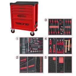 Servante d'atelier avec plan de travail recouvert d'un tapis en mousse
Cette nouvelle servante d'atelier de chez ks tools, modèle racing, est une évolution de l'ancien modèle dakar édition.
En effet pour cette servante d'atelier, ks tools a utilisé ces 20 ans d' expérience sur l'ancien modèle, la racing est le fruit des milliers de retour d'informations clients, garage, carrosserie, industrie et particulier. 
Cette servante d'atelier ks tools est plus pratique gràce à ces nouveaux panneaux perforés pour accessoires, plus résistante nouveau chassis, roue diamètre 125mm, et un tout nouveau système de fermeture du tiroir, plus sécurisant que sur l'ancienne version
La servante d’atelier KStools. série Racing respecte les normes de robustesse et de solidite deja reconnues sur les autres lignes de servantes d’atelier de la marque KS Tools. 
Les tiroirs de la servante d’atelier Racing possedent un systeme de roulements à billes (résistance 30kg), un système de fermeture par serrure et s’ouvre totalement pour plus de facilite dans vos rangements.
Les tiroirs de cette servante atelier ont une grande capacité. 40cm de profondeur par 57cm de largeur, tout les tiroirs de cette servante d'atelier sont fournis avec un tapis mousse a installer au fond. 
Sur son plan de travail on trouve un tapis en mousse imputrescible. sa poignée de côté et ses 4 roues robustes dont 2 directionnelles avec frein. La servante d'atelier Racing reste une reference en therme d’ergonomie, fini le désordre dans le garage, rangez vos outils, ou bien d'autre chose de manière ordonnée.
Plan de travail avec tapis en mousse
Dimensions utiles des tiroirs servante 5 tiroirs résistance 30kg :
3 x H 55 X L 565 X P 405mm 
1x H 130 X L565 X P 405MM
1x H 280X L 565 X P 405MM
Poids: 45kg
Poids maximum admissible en statique: 500kg
ref: 855.0005
Composition : 
Module de douilles et accessoires 1/4'' - 3/8'' - 1/2"". 175 pièces ref: 711.1011 finition mat
- 3 x Cliquets 72 dents bi-matière 1/4’’- 3/8’’- 1/2’’
- 1 x Poignée emmanchée traversante 1/4"
- 2 x Rallonges articulée 1/4’’ 50 - 100 mm
- 1 x Rallonge flexible 1/4" 150 mm 
- 1 x T de force 1/4" 110mm
- 1 x Rallonge articulée 3/8’’ 150 mm
- 2 x Rallonges articulée 1/2’’ 125 - 250 mm
- 3 x Cardans 1/4’’ - 3/8’’- 1/2’’
- 2 x Réducteur 1/2" F 3/8" m
- 13 x Douilles 1/4" : 4 - 4.5 - 5 - 5.5 - 6 - 7 - 8 - 9 - 10 - 11 - 12 - 13 - 14mm
- 7 x Douilles longues 1/4" : 4 - 5 - 6 - 7 - 8 - 9 - 10 mm 
- 5 x Douilles TORX E 1/4" : E4 - E5 - E6 - E7 - E8
- 4 x Douilles embout fente 1/4" : E4 - E5 - E6 - E7 - E8 mm
- 3 x Douilles embout PHILIPPS 1/4" : PH1 - PH2 (x2)
- 3 x Douilles embout PROZIDRIV 1/4" : PZ1 - PZ2 (x2)
- 4 x Douilles embout 6 pans mâles 1/4" : 3 - 4 - 5 - 6 mm
- 8 x Douilles embout TORX 1/4" : T8 - T9 - T10 - T15 - T20 - T25 - T27 - T30
- 7 x Douilles embout TORX percé 1/4" : T8 - T10 - T15 - T20 - T25 - T27 - T30
- 10 x Douilles 3/8" : 10 - 11 - 12 - 13 - 14 - 15 mm
- 6 x Douilles longues 3/8" : 10 - 11 - 12 - 13 - 14 - 15 mm
- 6 x Douilles TORX 3/8" : E10 - E11 - E12 - E14 - E16 - E18 
- 1 x Douille 6 pans 3/8" : 18 mm
- 18 x Douilles 1/2" : 10 - 11 - 12 - 13 - 14 - 15 - 16 - 17 - 18 - 19 - 20 - 21 - 22 - 24 - 27 - 30 - 32 - 34 mm 
- 5 x Douilles longues 1/2" : 16 - 17 - 18 - 19 - 22 mm
- 2 x Douilles TORX 1/2" : E20 - E24
- 1 x Douille porte embout : 1/4" x 1/4"
- 2 x Douilles porte embout : 3/8" x 5/16" et 1/2" x 5/16" 
Module de clés mixtes ULTIMATE. 17 pièces ref : 713.2017 
- 17 x Clés mixtes : 6 - 7 - 8 - 9 - 10 - 11 - 12 - 13 - 14 - 15 - 16 - 17 - 18 - 19 - 20 - 21 - 22 mm
Module de clés mixtes ULTIMATE. 5 pièces ref : 713.2015 
- 5 x Clés mixtes : 24 - 27 - 29 - 30 - 32 mm
Module d'embouts de vissage et douilles TORX. 88 pièces ref : 713.5010 
- 5 x Douilles TORX 1/4" : E4 - E5 - E6 - E7 - E8
- 4 x Douilles TORX 3/8" : E10 - E11 - E12 - E14
- 3 x Douilles TORX 1/2" : E16 - E18 - E20
- 1 x Douille porte-embouts 1/4" x 1/4"
- 2 x Douilles porte-embouts : 3/8" - 10 mm et 1/2" - 10 mm
- 1 x Rallonge : 30 mm
- 3 x Embouts de vissage Fente : 25 mm x (5.5 - 6.5 - 8.0 mm)
- 3 x Embouts de vissage PHILLIPS : 25 mm x (PH1 - PH2 - PH3)
- 6 x Embouts de vissage PROZIDRIV : 25 mm x (PZ1 - 2 x PZ2 - 3 x PZ3)
- 3 x Embouts de vissage 6 pans : 25 mm x (4 - 5 - 6 mm)
- 15 x Embouts de vissage TORX percé : 25 mm x (2 x T10 - 3 x T15 - 2 x T20 - 3 x T25 - 3 x T30 - 2 x T40)
- 2 x Embouts de vissage Fente : 30 mm x (8 - 10 mm)
- 2 x Embouts de vissage PHILLIPS : 30 mm x (PH2 - PH3)
- 7 x Embouts de vissage 6 pans : 30 mm x (4 - 5 - 6 - 7 - 8 - 10 - 12 mm)
- 9 x Embouts de vissage TORX percé : 30 mm x (T20 - T25 - T27 - T30 - T40 - T45 - T50 - T55 - T60)
- 5 x Embouts de vissage 12 pans : 30 mm (M5 - bM6 - M10 - M12)
- 5 x Embouts longs 6 pans : 75 mm x (5 - 6 - 7 - 8 - 10 mm)
- 8 x Embouts longs TORX percé : 75 mm x (T20 - T25 - T27 - T30 - T40 - T50 - T55 - T60)
- 4 x Embouts longs 12 pans : 75 mm x (M6 - M8 - M10 - M12) 
Module de vissage. 28 pièces ref : 712.5028 
- 1 x Tournevis ULTIMATE tom pouce Fente : 6.5 mm
- 3 x Tournevis ULTIMATE Fente : 3.5 - 5.5 - 8 mm
- 1 x Tournevis ULTIMATE tom pouce PHILLIPS : PH2
- 3 x Tournevis ULTIMATE PHILLIPS : PH1 - PH2 - PH3
- 1 x Tournevis ULTIMATE tom pouce PROZIDRIV : PZ2
- 3 x Tournevis ULTIMATE PROZIDRIV : PZ1 - PZ2 - PZ3
- 1 x Jeu de clés mâles 6 pans à tête sphérique longues : 2 - 2.5 - 3 - 4 - 5 - 6 - 8 - 10 mm
- 1 x Jeu de clés mâles TORX longues : T10 - T15 - T20 - T25 - T30 - T40 - T45 - T50
Module de tournevis ULTIMATE TORX. 6 pièces ref : 713.5013 
- 6 x Tournevis ULTIMATE TORX : T10 - T15 - T20 - T25 - T30 - T40
Module de pinces. 4 pièces ref : 713.4014 
- 1 x Pince coupante diagonale : L. 160 mm
- 1 x Pince universelle : L. 180 mm
- 1 x Pince à bec demi-rond : L. 200 mm
- 1 x Pince multiprises à verrouillage : L. 250 mm
Module de 6 pinces à Circlips ref : 713.5006 
- 2 x Pinces à joncs extérieur : 10 - 25 mm. 19 - 60 mm
- 1 x Pince extérieur coudée : 16 - 60 mm
- 2 x Pinces intérieur droites : 12 - 25 mm. 19 - 60 mm
- 1 x Pince intérieur coudée : 19 - 60 mm
Module d'outils de frappe manche bois. 9 pièces ref : 713.1101 
- 1 x Burin de carossier extra-plat : 250 mm
- 6 x Chasse goupilles brunis : 3 - 4 - 5 - 6 - 10 mm
- 1 x Marteau rivoir : 600g
- 1 x Maillet à embouts plastique interchangeables : 340g
Module de douilles longues à chocs 1/2''. 13 pièces ref : 713.1030 
- 13 x Douilles à choc 6 pans : 10 - 12 - 13 - 14 - 16 - 17 - 18 - 19 - 21 - 22 - 23 - 24 - 27 mm
Module de douilles à chocs 1/2''. 17 pièces ref : 713.1031 
- 13 x Douilles à choc 1/2’’: 10 - 12 - 13 - 14 - 16 - 17 -18 - 19 - 21 - 22 - 23 - 24 - 27 mm
- 2 x Réducteur à choc : 3/4"F x 1/2"M - 1/2’’F x 3/4’’M
- 1 x Augmentateur à choc 1/2’’
- 1 x Rallonge à choc 1/2’’: 125 mm
Module de douilles à chocs 1/2''. 16 pièces ref : 713.1016 
- 8 x Douilles tournevis à choc TORX® 1/2’’: T30 - T40 - T45 - T50 - T55 - T60 - T70 - T80
- 8 x Douilles tournevis à choc 6 pans 1/2’’: 5 - 6 - 8 - 10 - 12 - 14 - 17 - 19 mm