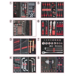 Composition d'outils 8 tiroirs pour servante ks tools
- empreinte des outils découpee au laser
- résistant aux huiles et produits chimiques
- mousse imputrescible
Composition :
Module 54 pièces douilles et accessoires 1/4" ref : 713.1020
- Cliquet réversible 72 dents
- 1x Poignée emmanchée 1/4’’
- 2x Rallonges 1/4’’ : L. 50 mm et L. 100 mm
- 1x Rallonge flexible : L. 150 mm
- 1x Poignée coulissante T : L. 115 mm
- 1x Cardan universel 1/4"
- 13x Douilles&nbsp1/4’’ : 4 - 4,5&nbsp- 5 - 5,5 - 6&nbsp- 7 - 8 - 9 -&nbsp10 - 11 - 12 - 13&nbsp- 14 mm
- 8x Douille longue 1/4" : 6 - 7 - 8 - 9 - 10 - 11 - 12 - 13
- 1x Porte embout 1/4" 
- 3x Embouts de vissage&nbspFente 4 - 5,5 - 8 mm 
- 3x Embouts de vissage&nbspPHILLIPS® PH 1 - PH 2 - PH3 
- 2x Embouts de vissage&nbspPOZIDRIV® PZ 1 - PZ 2 
- 6x Embouts de vissage&nbsp6 pans : 3 - 4&nbsp- 5 - 6 - 7 - 8 &nbspmm
- 7x Embouts de vissage&nbspTORX® profil E T10 - T15 - T20 - T25 - T27 - T30 - T40
- 4x Embouts de vissage 12 pans : M4 - M5 - M6 - M8
Module de douilles et accessoires ULTIMATE 1/2'' , 24 pièces ref :&nbsp713.1024
- 1 x Cliquet réversible 72 dents
- 2 x Rallonges : 125 - 250 mm
- 1 x Cadran universel 1/2"
- 1 x Bague coulissante 3/8" x 1/2"
- 17 x Douilles : 10 - 11 - 12 - 13 - 14 - 15 - 16 - 17 - 18 - 19 - 20 - 21 - 22 - 24 - 27 - 30 - 32 mm
- 2 x Douilles longues : 16 - 21 mm
Module de douilles longues et accessoires 1/2", &nbsp17 pièces ref :&nbsp713.1026
- 1 x Rallonge : 125 mm
- 2 x Rallonges à verrouillage : 75 - 250 mm
- 10 x Douilles : 10 - 11 - 12 - 13 - 15 - 17 - 19 - 22 - 24 - 27 mm
- 4 x Douilles 6 pans : 14 - 16 - 18 - 21 mm
Module d'embouts longs pour la mécanique 1/4"&nbsp- 1/2", 38 pièces ref :&nbsp712.5038
- 5 x Embout 6 pans Extérieur 1/2’’ 55 mm x (14 - 17 - 19 - 22 - 24 mm) 
- 3&nbspx Embout 6 pans Extérieur 140 mm x (10 - 11 - 13 mm)
- 1 x Embout 1/2’’ 6 pans Extérieur 160 mm x (5 mm)
- 1 x Embout 1/2’’ 6 pans Extérieur 240 mm x (7 mm)
- 1 x Embout TORX® 1/2’’ 110 mm x (T80)
- 6 x Embout 1/2’’ TORX® 140 mm x (T40 - T45 - T50 - T55 - T60 - T70)
- 1 x Embout 1/2’’ TORX® 300 mm x (T30)
- 2 x Embout XZN® 1/2’’ 110&nbspmm x (M9 - M16)
- 3 x Embout 1/2’’ XZN® 140 mm x (M10 - M12 - M14)
- 1 x Embout percé XZN® 1/2’’ 55 mm x (M16) 
- 1 x Embout renforcé RIBE® 1/2’’ 100 mm x (M9) 
- 3 x Embout renforcé 1/2’’ RIBE® 240 mm x (M7 - M8 - M10)
- 1 x Embout renforcé XZN® 1/2’’ 75 mm x (M18) 
- 9 x Embout TORX Profil E&nbsp1/4’’ : TS10 - TS15 - TS20 - TS25 - TS27 - TS30 - TS40 - TS45 - TS50
Module d'embouts de vissage et douilles TORX, 88 pièces ref :&nbsp713.5010
- 5 x Douilles TORX&nbsp1/4" : E4 - E5 - E6 - E7 - E8
- 4 x Douilles TORX 3/8" : E10 - E11 - E12 - E14
- 3 x Douilles TORX 1/2" : E16 - E18 - E20
- 1 x Douille porte-embouts&nbsp1/4" x 1/4"
- 2 x Douilles porte-embouts : 3/8" - 10 mm et 1/2" - 10 mm
- 1 x Rallonge : 30 mm
- 3 x Embouts de vissage Fente : 25 mm x (5,5 - 6,5 - 8,0 mm)
- 3 x Embouts de vissage PHILLIPS : 25 mm x (PH1 - PH2 - PH3)
- 6 x Embouts de vissage PROZIDRIV : 25 mm x (PZ1 - 2 x PZ2 - 3 x PZ3)
- 3 x Embouts de vissage 6 pans : 25 mm x (4 - 5 - 6 mm)
- 15 x Embouts de vissage TORX percé : 25 mm x (2 x T10 - 3 x T15 - 2 x T20 - 3 x T25 - 3&nbspx T30 - 2 x T40)
- 2 x Embouts de vissage Fente : 30 mm x (8 - 10 mm)
- 2 x Embouts de vissage PHILLIPS : 30 mm x (PH2 - PH3)
- 7 x Embouts de vissage 6 pans : 30 mm x (4 - 5 - 6 - 7 - 8 - 10 - 12 mm)
- 9 x Embouts de vissage TORX percé : 30 mm x (T20 - T25 - T27 - T30 - T40 - T45 - T50 - T55 - T60)
- 5 x Embouts de vissage 12 pans : 30 mm (M5 - bM6 - M10 - M12)
- 5 x Embouts longs&nbsp6 pans : 75 mm x (5 - 6 - 7 - 8 - 10 mm)
- 8 x Embouts longs&nbspTORX percé : 75 mm x (T20 - T25 - T27 - T30 - T40 - T50 - T55 - T60)
- 4 x Embouts longs 12 pans : 75 mm x (M6 - M8 - M10 - M12)
Module de clés mixtes ULTIMATE, 17 pièces ref :&nbsp713.2017
- 17 x Clés mixtes : 6 - 7 - 8 - 9 - 10 - 11 - 12 - 13 - 14 - 15 - 16 - 17 - 18 - 19 - 20 - 21 - 22 mm
Module de clés mixtes ULTIMATE, 5 pièces ref :&nbsp713.2015
- 5 x Clés mixtes : 24 - 27 - 29 - 30 - 32 mm
Module d'outils de frappe manche bois, 9 pièces ref :&nbsp713.1101
- 1 x Burin de carossier extra-plat : 250 mm
- 6 x Chasse goupilles brunis : 3 - 4 - 5 - 6 - 10 mm
- 1 x Marteau rivoir : 600g
- 1 x Maillet à embouts plastique interchangeables : 340g
Module de clés à pipe débouchées - 6 pans, 11 pièces ref :&nbsp713.2011
- 11 x Clés à pipe débouchées : 8 - 10 - 11 - 12 - 13 - 14 - 15 - 16 - 17 - 18 - 19 mm
Module de clés à pipe débouchées - 6 pans, 4 pièces ref :&nbsp713.4004
- 4 x Clés à pipe débouchées : 21 - 22 - 24 - 27 mm
Module de clés à pipe débouchées - 6 pans, 2 pièces ref :&nbsp713.2012
- 2 x Clés à pipe débouchées : 30 - 32 mm
Module de vissage, 28 pièces ref :&nbsp712.5028
- 1 x Tournevis ULTIMATE tom pouce Fente : 6,5 mm
- 3 x Tournevis ULTIMATE Fente : 3,5 - 5,5 - 8 mm
- 1 x Tournevis ULTIMATE tom pouce PHILLIPS : PH2
- 3 x Tournevis ULTIMATE PHILLIPS : PH1 - PH2 - PH3
- 1 x Tournevis ULTIMATE tom pouce PROZIDRIV : PZ2
- 3 x Tournevis ULTIMATE PROZIDRIV : PZ1 - PZ2 - PZ3
- 1 x Jeu de clés mâles 6 pans à tête sphérique longues : 2 - 2,5 - 3 - 4 - 5 - 6 - 8 - 10 mm
- 1 x Jeu de clés mâles TORX longues : T10 - T15 - T20 - T25 - T30 - T40 - T45 - T50
Module de tournevis ULTIMATE TORX, 6 pièces ref :&nbsp713.5013
- 6 x Tournevis ULTIMATE TORX : T10 - T15 - T20 - T25 - T30 - T40
Module de pinces, 4 pièces ref :&nbsp713.4014
- 1 x Pince coupante diagonale : L. 160 mm
- 1 x Pince universelle : L. 180 mm
- 1 x Pince à bec demi-rond : L. 200 mm
- 1 x Pince multiprises à verrouillage : L. 250 mm
Module de pinces étaux GRIPfix Xtreme, 3 pièces ref :&nbsp713.1003
- 2 x Pinces étaux GRIPfix Xtreme : 175 - 250 mm
- 1 x Pince  étau auto-ajustable à bec long : 150 mm
Module de 6 pinces à Circlips ref :&nbsp713.5006
- 2 x Pinces à joncs extérieur : 10 - 25 mm, 19 - 60 mm
- 1 x Pince extérieur coudée&nbsp: 16 - 60 mm
- 2 x Pinces intérieur droites : 12 - 25 mm, 19 - 60 mm
- 1 x Pince intérieur coudée : 19 - 60 mm
Module de douilles et accessoires 3/4'', 21 pièces ref :&nbsp711.1034
- 1 x Cliquet réversible 24 dents 
- 3 x Rallonges : 100 - 200 - 400 mm
- 1 x Poignée coulissante : 450 mm
- 16 x Douilles : 19 - 21 - 22 - 23 - 24 - 26 - 27 - 29 - 30 - 32 - 25 - 36 - 38 - 41 - 46 - 50 mm
Module de douilles et clé à chocs pneumatique 3/4'', 13 pièces ref :&nbsp712.1013
- 1 x Clé à choc pneumatique : 1490 Nm
- 8 x Douilles à choc 6 pans courtes : 26 - 27 - 29 - 30 - 32 - 35 - 36 - 38 mm
- 2 x Douilles à choc 6 pans longues : 32 - 33 mm
- 1 x Cadran universel à choc 3/4"
- 1 x Rallonge à choc : 150 mm 
Module de limes demi-douces, 4 pièces ref :&nbsp713.3004
- 1 x Râpe plate emmanchée : 200 mm
- 1 x Râpe demi-onde emmanchée : 200mm
- 1 x Râpe ronde emmanchée : 200 mm
- 1 x Râpe triangulaire emmanchée : 200 mm