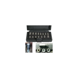 Coffret extracteurs pour vis têtes creuses

- pour tous types de têtes: 6 pans. torx. ribe. xzn...
- extra courts 36mm - entraînement 13mm - forme conique et striée pour une excellente accroche
- 15 pièces:
5 côtés en pouces: 1/8-3/16-1/4-3/8-1/2"
10 métriques: 3-4-5-5.5-6-8-10-10-12-14mm 