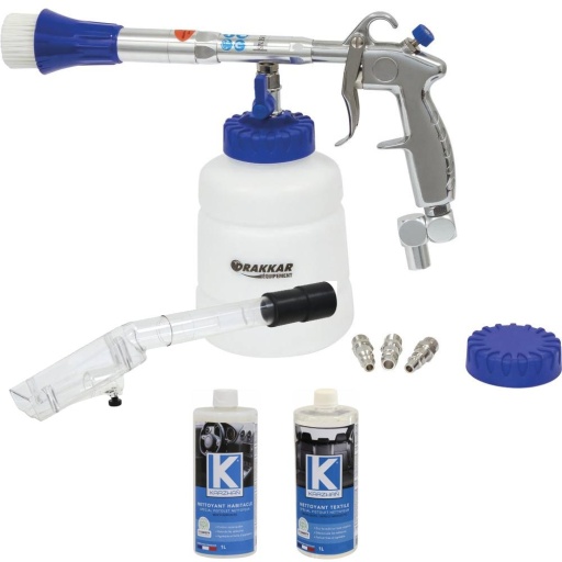Pistolet de lavage pneumatique avec extracteur et nettoyants habitacle et textile