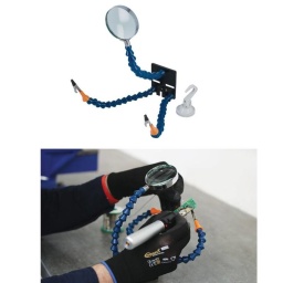Conçu pour maintenir les composants pendant les travaux de soudage et de réparation. Il comporte une loupe ainsi qu'une base magnétique et une ventouse pour le maintenir en place et peut être utilisé pour une multitude de tâches dans l'atelier.

Support de maintien et de soudage avec loupe, parfait pour maintenir les composants et les fils pour le soudage.
Comporte deux pinces métalliques avec protection pour une préhension douce et loupe, fixées chacune sur un bras très flexible.
Le support peut être maintenu en place par la base magnétique puissante, la ventouse, ou à l'aide d'un étau.
Idéal pour une large gamme d'utilisations, de l'automobile et l'électricité à la joaillerie, les loisirs et les activités artistiques et artisanales.