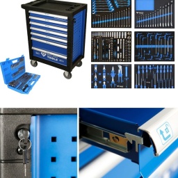 Servante brilliant tools 473 pièces
7 tiroirs à roulements à billes avec ouverture totale et capacité de charge de 35 kg chacun
Énorme stabilité grâce à la fermeture individuelle de tous les tiroirs
Capacité de charge totale 400 kg
Il suffit de le déballer et c’est parti !

Le chariot d’atelier professionnel BRILLIANT TOOLS BT153473 à thermolaquage haut de gamme est toujours là où on en a besoin ! Les déplacements désagréables appartiennent au passé ! À l’aide des poignées de poussée intégrées de manière ergonomique dans le compartiment en plastique, il se manœuvre très facilement dans l’atelier, tout en protégeant les coins lors de collisions grâce à la protection des angles. Grâce à ses 2 freins de stationnement au niveau des roues directionnelles, il reste bloqué de manière sûre une fois arrivé à sa destination.
Davantage de place ! Le chariot d’atelier professionnel dispose de sept tiroirs. Deux sont particulièrement hauts et offrent ainsi suffisamment de place pour les perceuses et d’autres gros outils. Grâce au trou de serrure latéral et aux fixations adaptées, il est possible de créer un espace de rangement supplémentaire. Tous les tiroirs sont sur roulement à billes et peuvent donc être tirés entièrement, même avec une charge pleine de 35 kg. Il est donc possible d’atteindre sans problème les outils. Afin que votre chariot d’atelier professionnel ne se renverse pas, tous les tiroirs ont un verrouillage individuel et peuvent en outre être sécurisés par la serrure centrale.

Plus de montage chronophage ! Le chariot d’atelier professionnel est livré entièrement pré-monté avec trois tiroirs équipés. Il suffit de le déballer et c’est parti ! Il est directement utilisable.

La recherche est enfin terminée ! Avec les inserts en mousse bicolores, vos 473 outils sont toujours bien rangés et directement accessibles dans les tiroirs. S’il manque un outil, vous le verrez tout de suite.

Vous pouvez déposer tout ce que vous souhaitez avoir en permanence à portée de main sur le compartiment stable en plastique. Il comporte de nombreux petits compartiments pour les vis, embouts ou autres petites pièces.

Le chariot d’atelier professionnel est habitué à l’environnement rude de l’atelier. Grâce à son vaste équipement, vous êtes paré à toutes les éventualités !

Le chariot d’atelier professionnel en détail :

Dimensions maximales : l 77 x H 97,5 x P 47 cm
Dimensions intérieures : 5x 52,8 cm x 39,8 cm x 55 mm
2x 52,8 x 39,8 x 13,5 cm
Charge admise : 400 kg
Poids maximal par compartiment : 35 kg
Extension complète : Oui
Roulement à billes : Oui
Verrouillage : Individuel
Verrouillage central : latéral, 2 clés
Protection des angles : Plastique
Roues : 2 roues directionnelles, 2 roues fixes

Les inserts en mousse en détail :
Tiroir 1
Clés à douille, 170 pièces :
Avec entraînement 6,3 mm (1/4") :
- 1 douille 6 pans de chaque 4, 4,5, 5, 5,5, 6, 7, 8, 9, 10, 11, 12, 13, 14 mm
- 1 douille 6 pans de chaque, extra longue 4, 5, 6, 7, 8, 9, 10 mm
- 1 douille Torx E de chaque E4, E5, E6, E7, E8
- 1 douille de chaque, profil T T8, T9, T10, T15, T20, T25, T27, T30
- 1 douille de chaque, profil T percé TB8, TB9, TB10, TB15, TB20, TB25, TB27, TB30
- 1 douille de chaque, Pozidriv PZ0, PZ1, PZ2
- 1 douille de chaque, six pans creux 3, 4, 5, 6 mm
- 1 douille de chaque, plate 4, 5,5, 6,5, 7 mm
- 1 douille de chaque, cruciforme PH0, PH1, PH2
- 1 rallonge de chaque en 50 et 10 cm
- 1 cardan
- 1 poignée 15 cm
- 1 cliquet réversible 1/4" 14,5 cm, denture fine de 72 dents
- 1 poignée coulissante 11 cm
Avec entraînement 10 mm (3/8") :
- 1 douille 6 pans de chaque, 10, 11, 12, 13, 14, 15, 16, 17, 18, 19 mm
- 1 douille 6 pans de chaque, extra longue 10, 11, 12, 13, 14, 15 mm
- 1 douille Torx E de chaque E10, E11, E12, E14, E16, E18
- 1 rallonge 12,5 cm
- 1 cliquet réversible 3/8" 20,5 cm, denture fine de 72 dents
- 1 douille pour bougies d’allumage 18 mm
- 1 adaptateur pour embouts 8 mm
- 1 cardan
Avec entraînement 12,5 mm (1/2") :
- 1 douille 6 pans de chaque 10, 11, 12, 13, 14, 15, 16, 17, 18, 19, 20, 21, 22, 24, 27, 30, 32 mm
- 1 douille 6 pans de chaque, extra longue 16, 17, 18, 19, 22 mm
- 1 douille Torx E de chaque E20, E24
- 1 douille pour bougies d’allumage de chaque 16, 21 mm
- 1 poignée 25 cm
- 1 rallonge 12,5 cm
- 1 cliquet réversible 1/2" 25 cm, denture fine de 72 dents
- 1 cardan
- 1 adaptateur pour embouts 8 mm
- Embouts à entraînement 8 mm x longueur 30 mm :
- 1 embout de chaque, Torx percé TB40, TB45, TB50, TB55, TB60, TB70
- 1 embout de chaque, Torx T40, T45, T50, T55, T60, T70
- 1 embout de chaque, six pans creux 7, 8, 10, 12, 14 mm
- 1 embout de chaque, cruciforme PH3, PH4
- 1 embout de chaque, plat 8, 10, 12 mm
- 1 embout de chaque, Pozidriv PZ3, PZ4
- 1 clé Allen de chaque 1,27, 1,5, 2, 2,5, 3, 4, 5 mm
- Embouts à entraînement 6,3 mm (1/4") x longueur 25 mm :
- 1 embout de chaque, denture multiple M5, M6, M8
- 1 embout de chaque, profil T T5, T6, T7
- 1 embout de chaque, profil RIBE M5, M6, M7, M8, M9
- 1 embout de chaque, 5 pans TS10, 15, 20, 25, 27, 30, 40, 45
- 1 embout, profil T percé TB7
Tiroir 2
Clés de serrage, 24 pièces :
- 16 clés mixtes : 6, 7, 8, 9, 10, 11, 12, 13, 14, 15, 16, 17, 18, 19, 21, 22 mm
- 8 clés polygonales coudées : 6x7, 8x9, 10x11, 12x13, 14x15, 16x17, 18x19, 20x22 mm
Tiroir 3
Tournevis, 21 pièces :
- 8 tournevis avec embout à frapper, cruciforme PH2x38 mm, PH1x75 mm, PH2x10 cm, PH3x15 cm, plat 6x38 mm, 5x75 mm, 6x10 cm, 8x15 cm
- 1 tournevis pour mécanique de précision, PH0x10 cm
- 1 tournevis pour mécanique de précision, plat 3mmx10 cm
- 11 tournevis Torx, T6x75 mm, T7x75 mm, T8x75 mm, T9x75 mm, T10x75 mm, T15x10 cm, T20x10 cm, T25x10 cm, T27x10 cm, T30x10 cm, T40x15 cm
Tiroir 4
Clés mâles coudées, 18 pièces :
- 9 clés mâles coudées à six pans creux, 2x10 cm, 2,5x10 cm, 3x10 cm, 4x15 cm, 5x15 cm, 6x15 cm, 7x15 cm, 8x20 cm, 10x20 cm
- 9 clés mâles coudées Torx, T10x75, T15x100, T20x100, T25x150, T27x150, T30x150, T40x150, T45x200, T50x200 mm
Tiroir 5
Clés polygonales à cliquet, 15 pièces :
- 15 clés polygonales à cliquet 8, 9, 10, 11, 12, 13, 14, 15, 17, 19, 21, 22, 24, 27, 30 mm
Tiroir 6
Pinces, marteaux, burins, 16 pièces :
- 1 marteau de 300 g
- 1 pince à long bec, droite
- 1 pince à long bec, courbe
- 1 pince à circlips, pour circlips intérieurs, droite
- 1 pince à circlips, pour circlips intérieurs, courbe
- 1 pince à circlips, pour circlips extérieurs, droite
- 1 pince à circlips, pour circlips extérieurs, courbe
- 1 pince universelle
- 1 pince coupante diagonale
- 6 chasses, 1,5, 3, 4, 5, 6, 8 mm