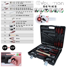 6 pans
Système FlankTraction
Finition satinée
Chrome Vanadium
Coffret robuste en matière plastique