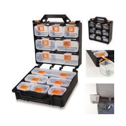 Valise type organizer avec 12 bacs de rangement amovibles. vides
bacs de rangement amovibles. fermables et
transparents pour une reconnaissance immédiate du contenu.
possibilite d'accrochage a la ceinture